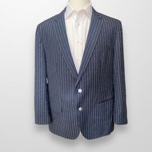 HUGO BOSS Mens 48R Navy Blue Pinstripe Linen Blend 2-Button Blazer Sport Coat